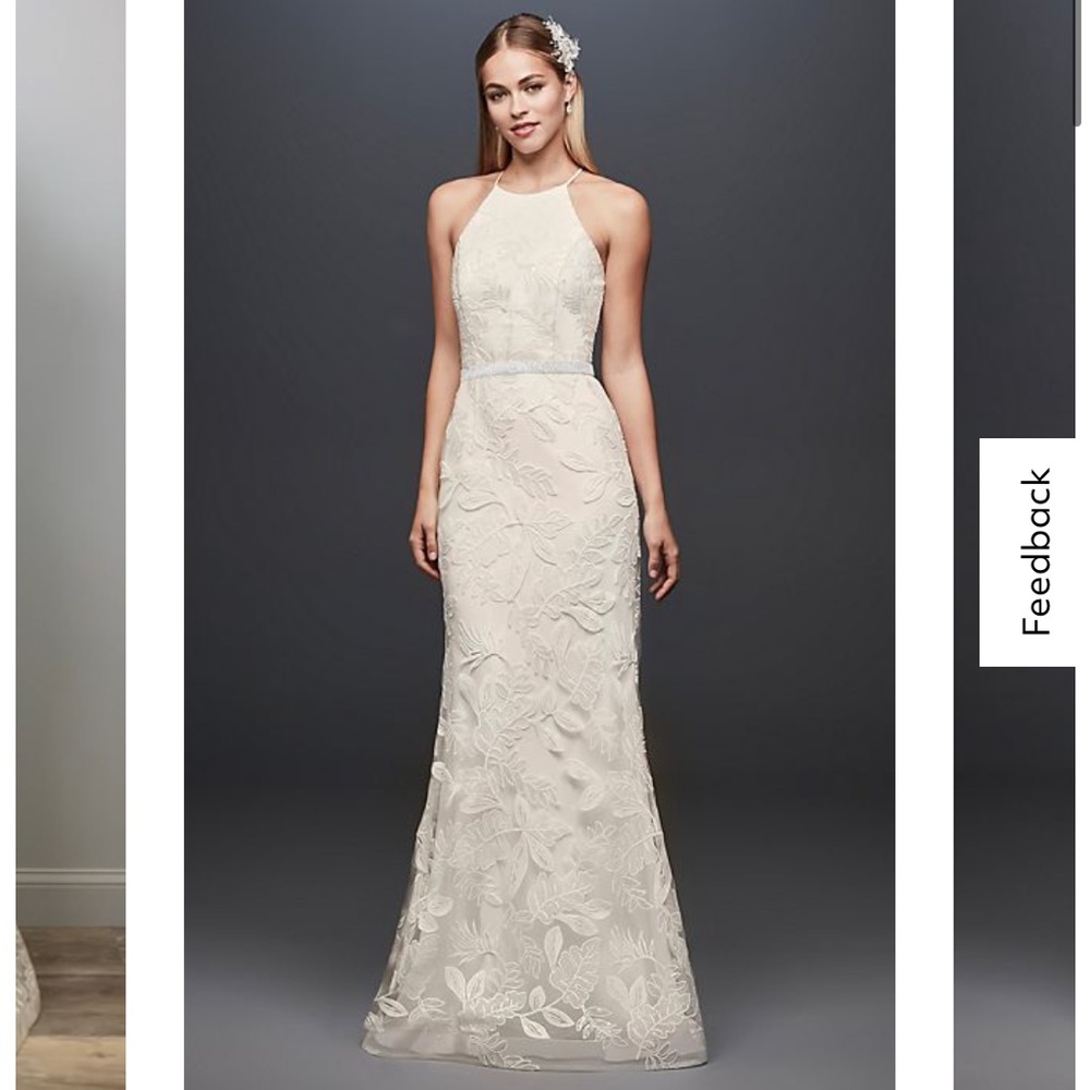 David’s Bridal Sequin Leaf-Appliqued High Neck Sheath Gown